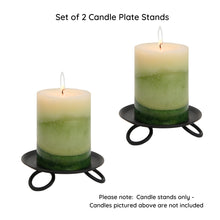Load image into Gallery viewer, Set of 2 candle plate stands with candles on a white background. Handcrafted wrought iron candle plates made in Lancaster County PA