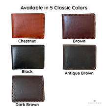 Load image into Gallery viewer, Five leather wallets in different colors with labels on a white background.