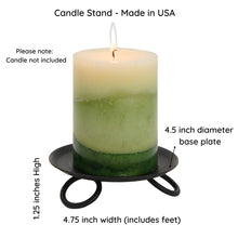 Load image into Gallery viewer, Candle stand with dimensions labeled, candle not included. Candle stand is 4.75 inches wide, with a 4.5 inch diameter of the base plate that holds the candle. Candle stand is approximately 1.25 inches high.