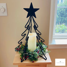 Load image into Gallery viewer, Add a touch of Farmhouse Christmas to your home décor with this metal Christmas Tree. It makes a lovely centerpiece for a kitchen table or dining room table.