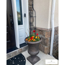 Load image into Gallery viewer, Decorative finial detail on wrought iron obelisk trellis handmade for outdoor garden decor