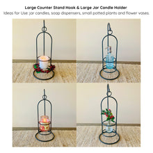 Load image into Gallery viewer, Large Counter Stand Hook & Large Jar Candle Holder with various uses shown. Uses include: jar candles, soap dispensers, small potted plants and small flower vases or greenery.