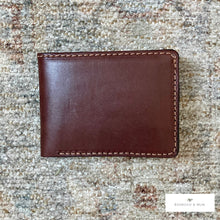 Load image into Gallery viewer, Brown leather wallet on a textured surface with 'Boxwood & Mum' branding.