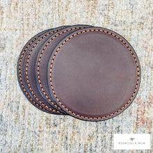 Load image into Gallery viewer, Round Whiskey Coaster Set, Thick Leather Coasters, Handmade in Lancaster, PA, Rustic Vintage Coasters, Housewarming Gift, Wedding Favors