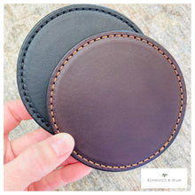 Load image into Gallery viewer, Round Leather Coaster Set Amish Handmade in USA, Drink Coasters, Bar Accessories, Brown or Black Leather Custom Coasters 
