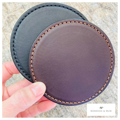 Round Leather Coaster Set Amish Handmade in USA, Drink Coasters, Bar Accessories, Brown or Black Leather Custom Coasters 