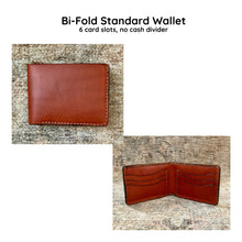 Load image into Gallery viewer, Brown leather bi-fold standard wallet with 6 card slots on a textured surface