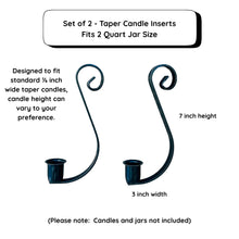 Load image into Gallery viewer, Set of 2 taper candle inserts for 2 quart jar size with dimensions and fit information.