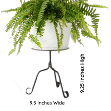 Load image into Gallery viewer, Hand forged black metal plant stand measures 9.5 inches wide and 9.25 inches high.