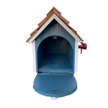 Load image into Gallery viewer, Rustic barn mailbox from the front angle with the front mail door open
