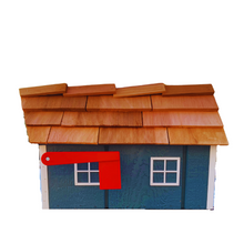 Load image into Gallery viewer, blue farmhouse style mailbox pictured from the side, showing the red flag and cedar shingles