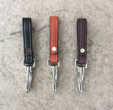 Load image into Gallery viewer, Handmade Leather Keychains with rivet instead of the snap.  These slide on and off a belt.  Stainless stell hardware.