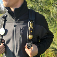 Load image into Gallery viewer, single brass bell on scissors clasp can be used as hiking bell, saddle bells or rhythm bells for horses or dog training