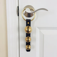 Load image into Gallery viewer, 3 Sleigh Bells hanging from door knob by a brass plated ring