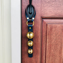 Load image into Gallery viewer, 3 Solid Brass Sleigh Bells hanging on a front door handle