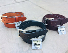 Load image into Gallery viewer, 3 colors of belts (light brown, dark brown and black) shown with tags that read Genuine Leather, Handcrafted in Lancaster County, PA USA
