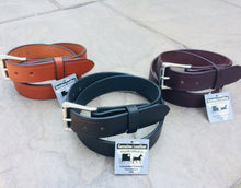 Load image into Gallery viewer, 3 colors of belts (light brown, dark brown and black) shown with tags that read Genuine Leather, Handcrafted in Lancaster County, PA USA