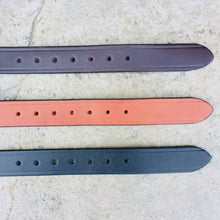 Load image into Gallery viewer, 3 belts lined up showing the opposite end from the buckle.  7 holes for sizing