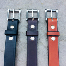 Load image into Gallery viewer, 3 heavy work belts in black, dark brown, and light brown lined up showing the buckle end of the belts