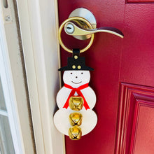 Load image into Gallery viewer, Snowman Bell Door Hanger, Christmas Gift, Amish Handmade, Thick Quality Leather, Brass Plated Bells