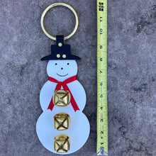 Load image into Gallery viewer, Snowman Bell Door Hanger, Christmas Gift, Amish Handmade, Thick Quality Leather, Brass Plated Bells