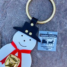 Load image into Gallery viewer, Snowman Bell Door Hanger, Christmas Gift, Amish Handmade, Thick Quality Leather, Brass Plated Bells