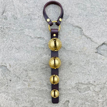 Load image into Gallery viewer, 4 solid brass sleigh bells on leather hanger