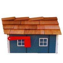 Load image into Gallery viewer, Side view of a blue barn style mailbox with the flag down