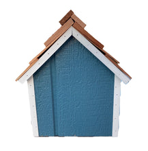 Load image into Gallery viewer, Back view of a blue dutch barn style mailbox with a cedar shake shinges