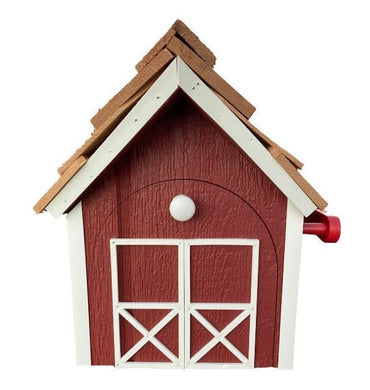 red wood barn style mailbox, front view