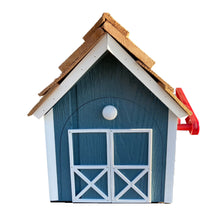 Load image into Gallery viewer, Front view of a unique blue barn style mailbox