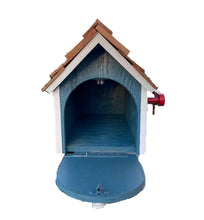 Load image into Gallery viewer, Front view of a blue barn mailbox with the front door open