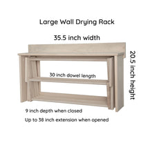Load image into Gallery viewer, The Large Wall Drying rack is 25.5 inches wide, 20.5 inches high and the dowel length is 30 inches.
