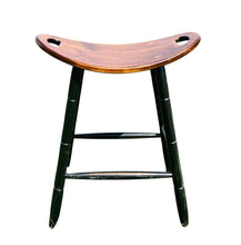 Load image into Gallery viewer, counter height saddle stool with Michael&#39;s Cherry stained seat and black painted legs
