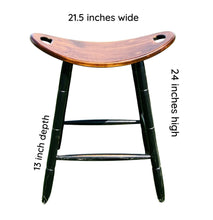 Load image into Gallery viewer, Saddle Stool showing dimensions of 21.5 inches wide by 24 inches high and 13 inch depth
