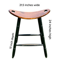 Load image into Gallery viewer, Saddle Stool showing dimensions of 21.5 inches wide by 24 inches high and 13 inch depth