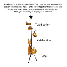 Load image into Gallery viewer, Directions to assemble basket stand.  Basket rack arrives in 3 pieces.  The base, mid-section and top-section with heart or star.  The three pieces screw together and then the basket stand is ready to display your baskets!