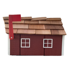 Load image into Gallery viewer, Unique red barn mailbox from the side view and the flag in an upright position