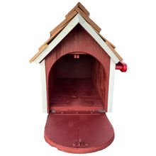 Load image into Gallery viewer, Farmhouse red mailbox shown with the mailbox door open.
