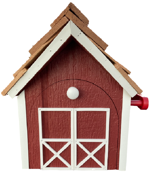 front view of a red barn mailbox