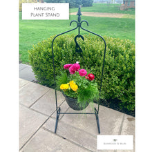 Load image into Gallery viewer, tall black wrought iron plant hanger stand – rustic garden display
