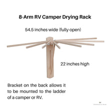 Load image into Gallery viewer, 8 arm RV Camper Drying Rack with bracket on the back that allows it to be mounted to the ladder of a camper, RV or motorhome.

