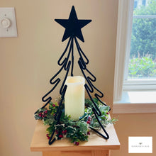 Load image into Gallery viewer, Add a touch of Farmhouse Christmas to your home décor with this metal Christmas Tree. It makes a lovely centerpiece for a kitchen table or dining room table.

