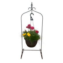 Load image into Gallery viewer, Wrought iron hanging planter stand with curved hook and flower basket – handmade Amish patio decor
