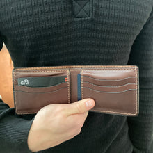 Load image into Gallery viewer, Brown leather wallet held by a person wearing a black sweater.
