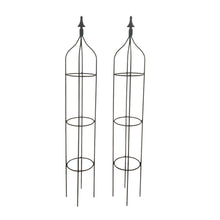 Load image into Gallery viewer, Decorative finial detail on wrought iron obelisk trellis handmade for outdoor garden decor
