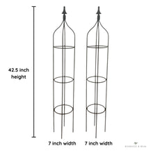 Load image into Gallery viewer, Pair of tall black metal trellises with tapered obelisk shape for supporting vines and roses
