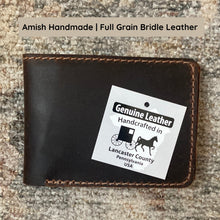Load image into Gallery viewer, Brown leather wallet with a 'Genuine Leather' tag on a textured surface.  Wallets are made from vegetable tanned bridle leather.
