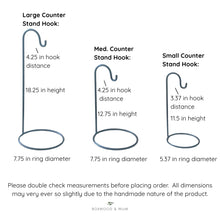 Load image into Gallery viewer, Diagram of different sizes of counter stand hooks with measurements.
