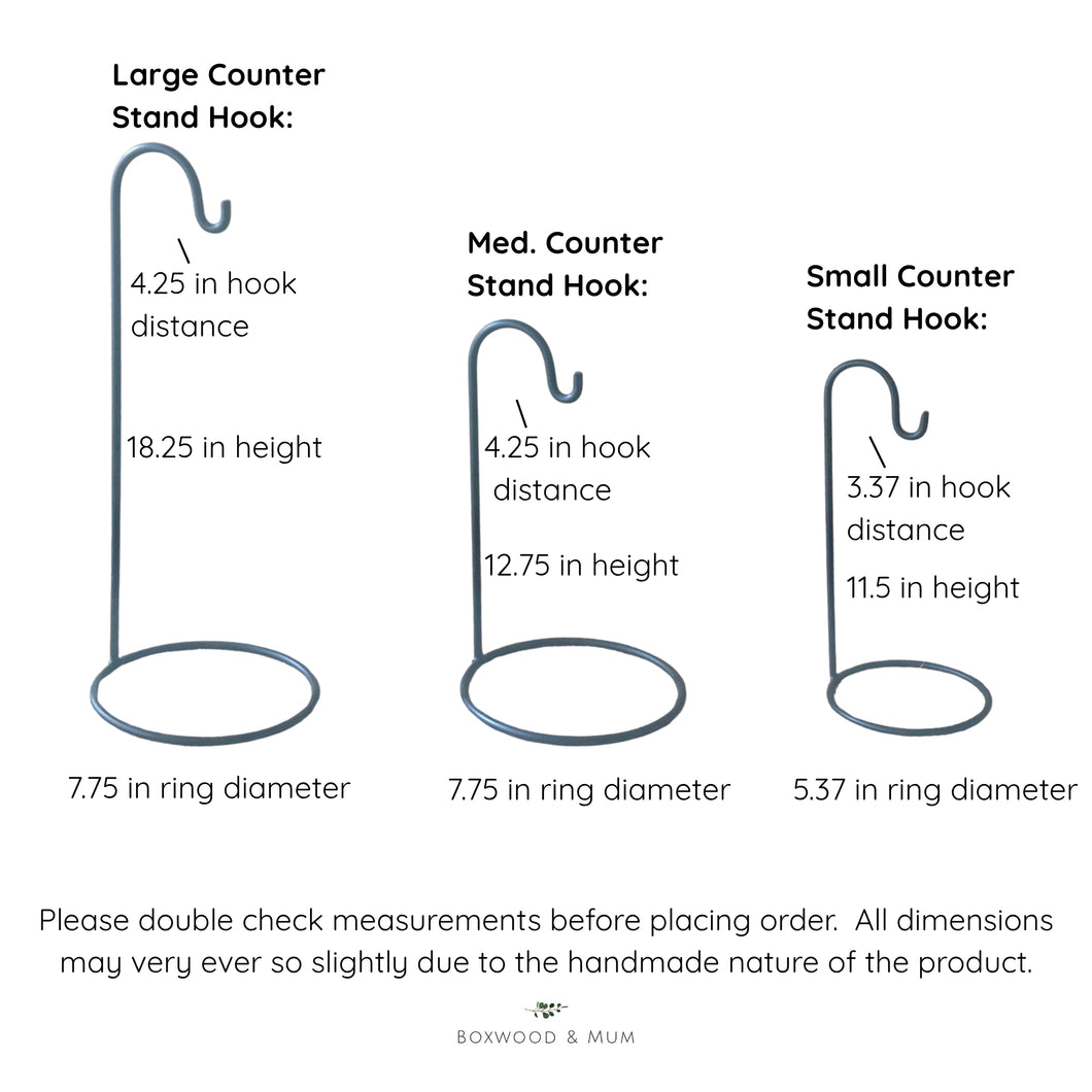 Diagram of different sizes of counter stand hooks with measurements.
